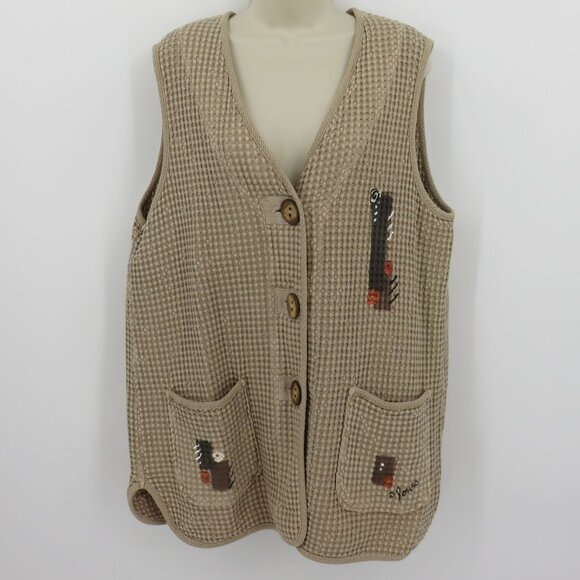 Phoenix Conexion Women Large Puckered Beige Hand Painted Sleeveless Button Vest - Picture 10 of 11